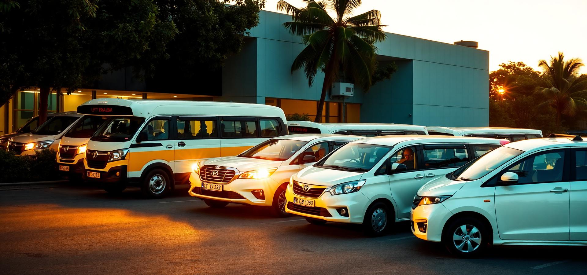 South Zoom Tourism fleet of white cars and tempo travellers parked outside the company office at sunset