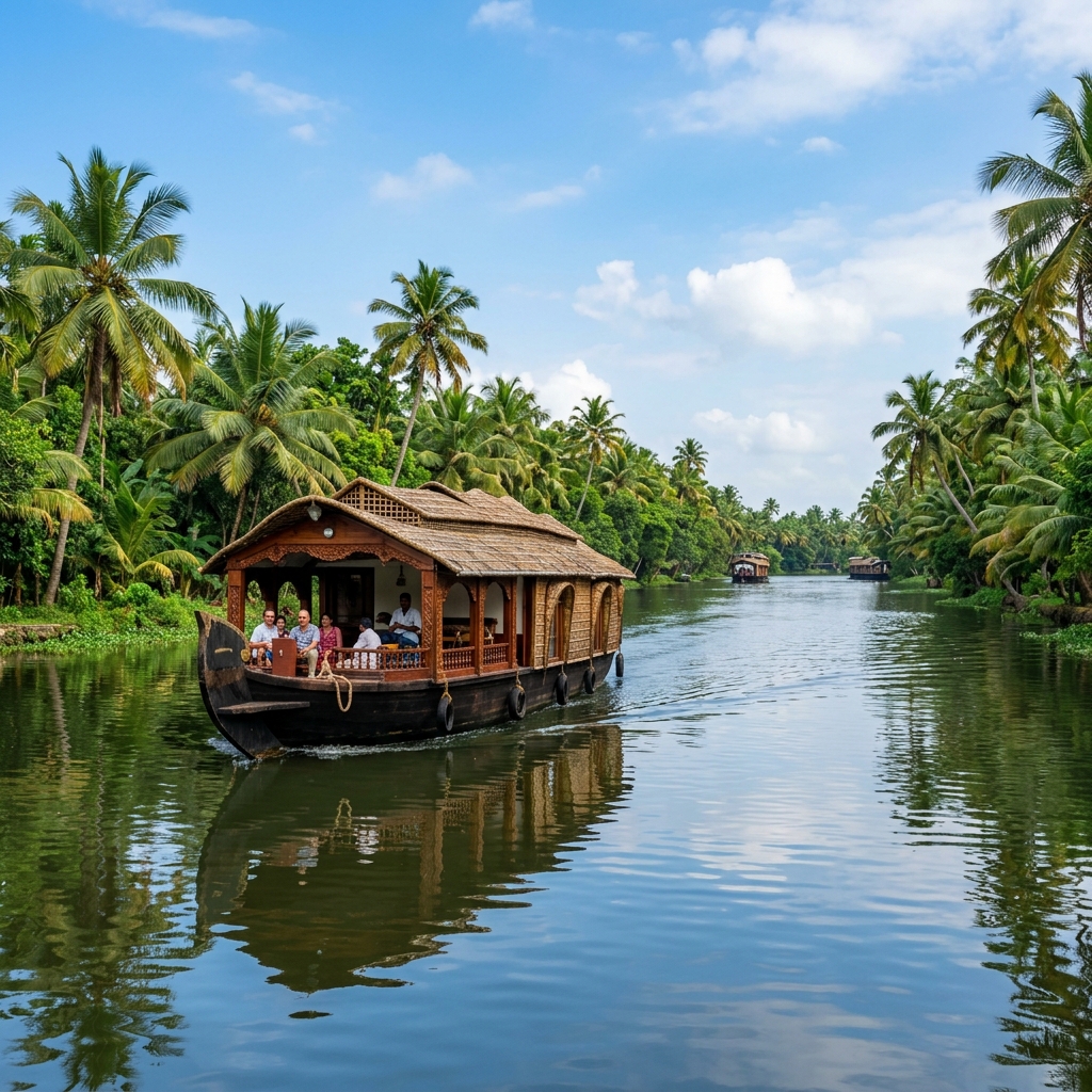 Houseboats gliding through Kerala backwaters in Alleppey