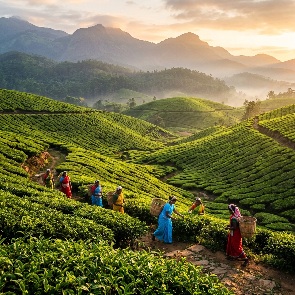 Munnar, Kerala β Tea plantations stretching across misty hills of Munnar Kerala