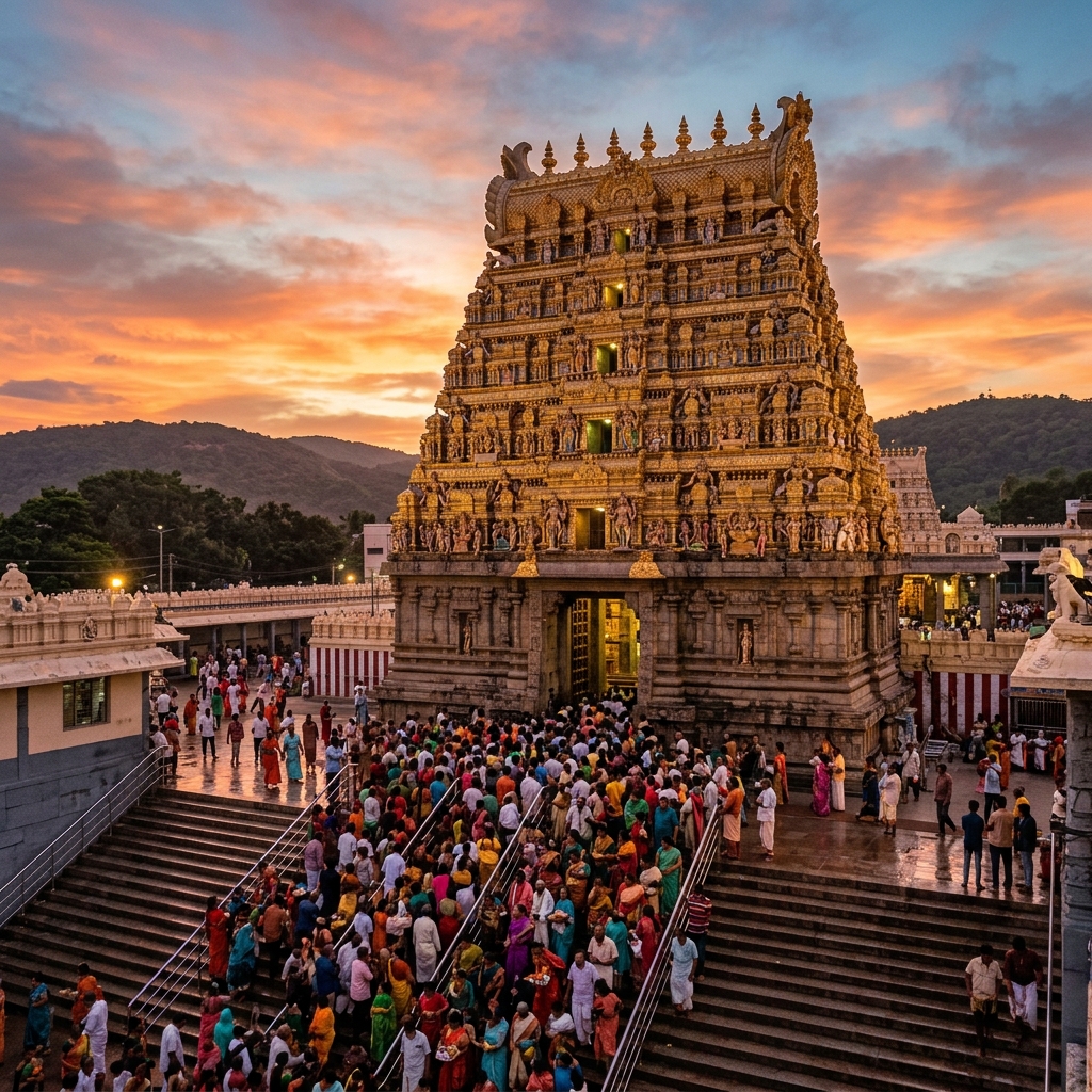 Tirupati, Andhra Pradesh β Tirumala Venkateswara Temple gopuram with pilgrims at Tirupati