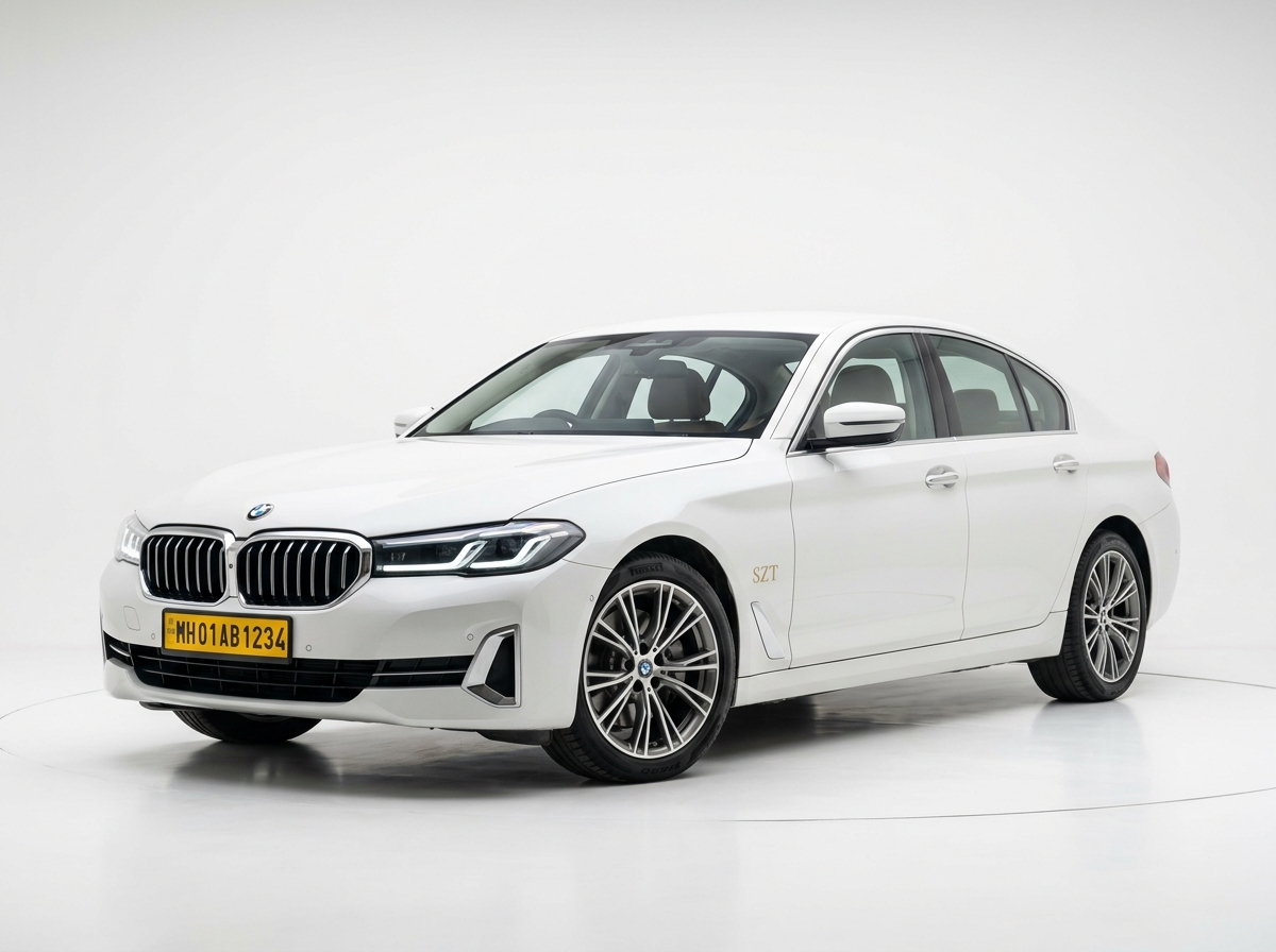 White BMW premium luxury sedan with KA registered yellow board and SZT sticker