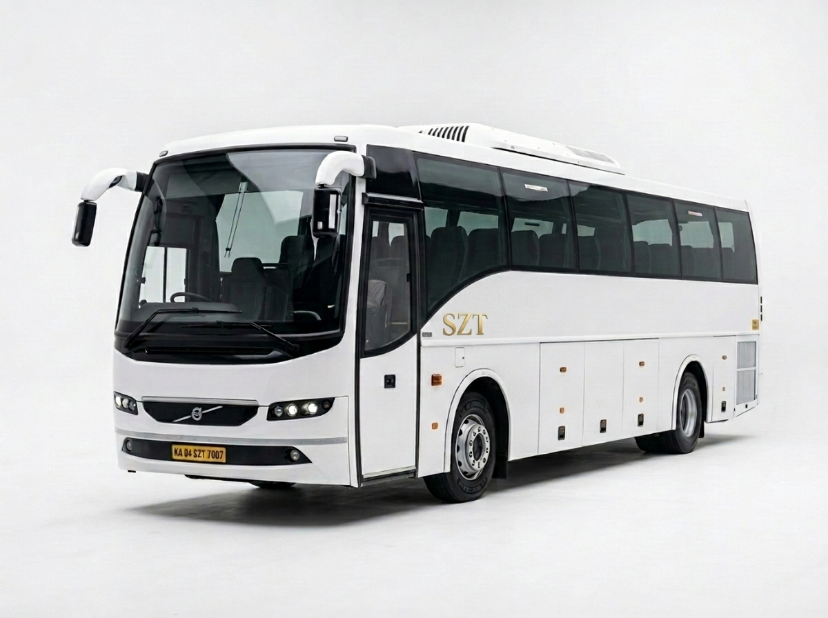 White Tourist Bus coach with KA registered yellow board and SZT sticker