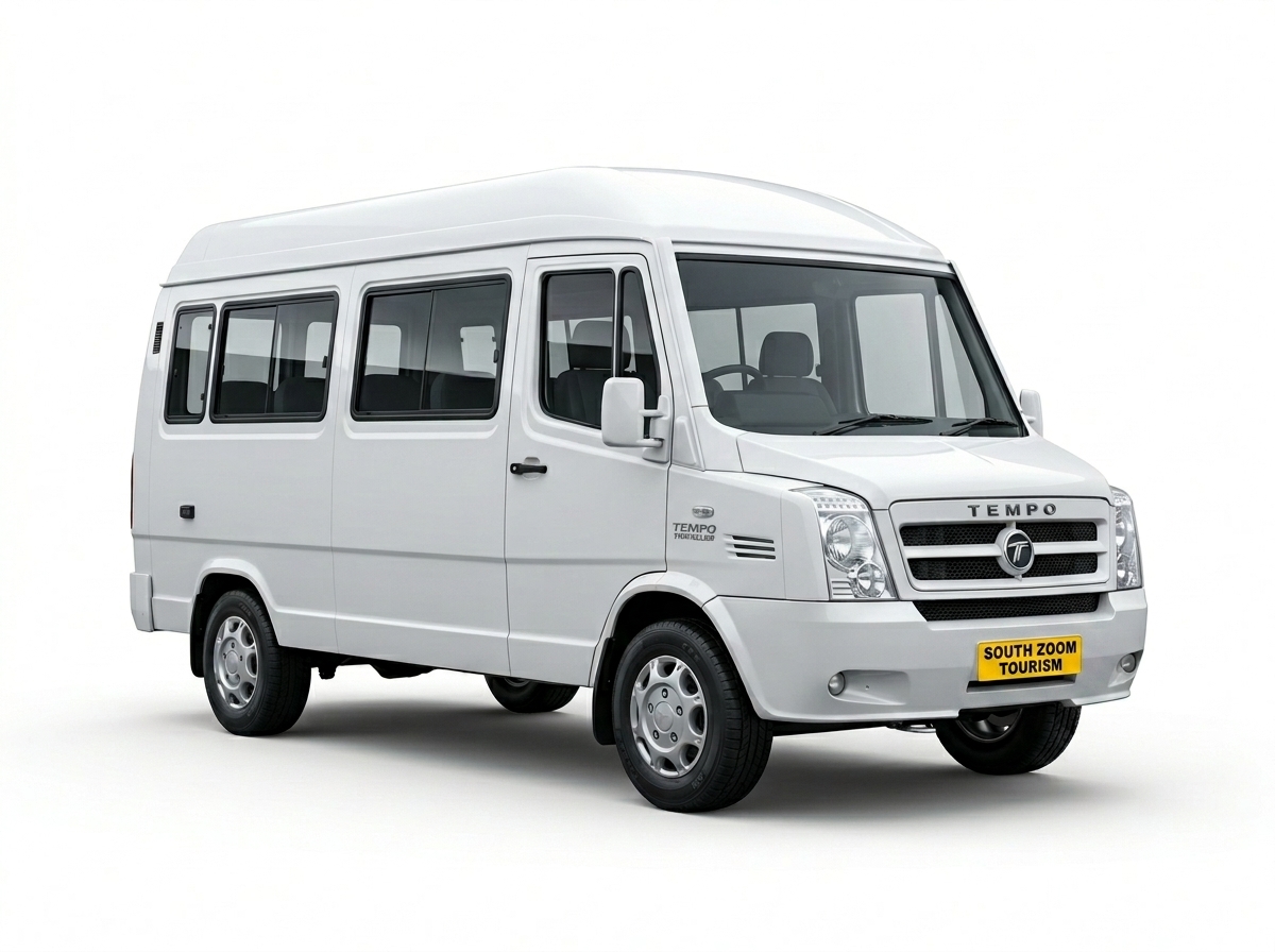 White 12-17 Seater Force Tempo Traveller TT with KA registered yellow board and SZT sticker