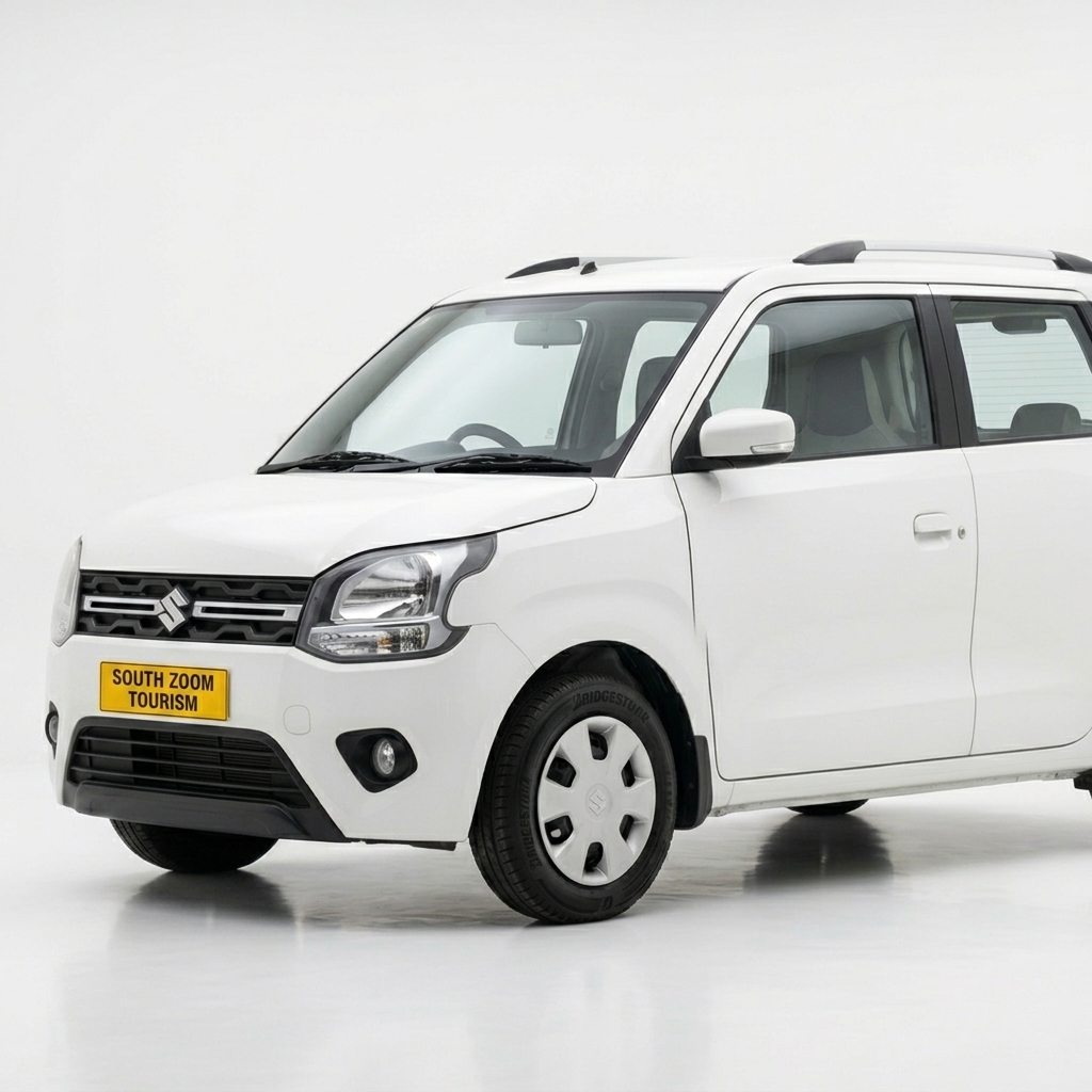 White Maruti Suzuki WagonR hatchback cab with KA registered yellow board and SZT sticker